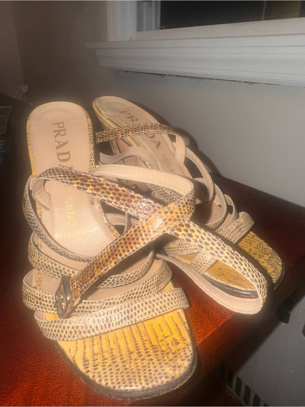 Prada Yellow Beige Snake-Print Leather Strappy Heels